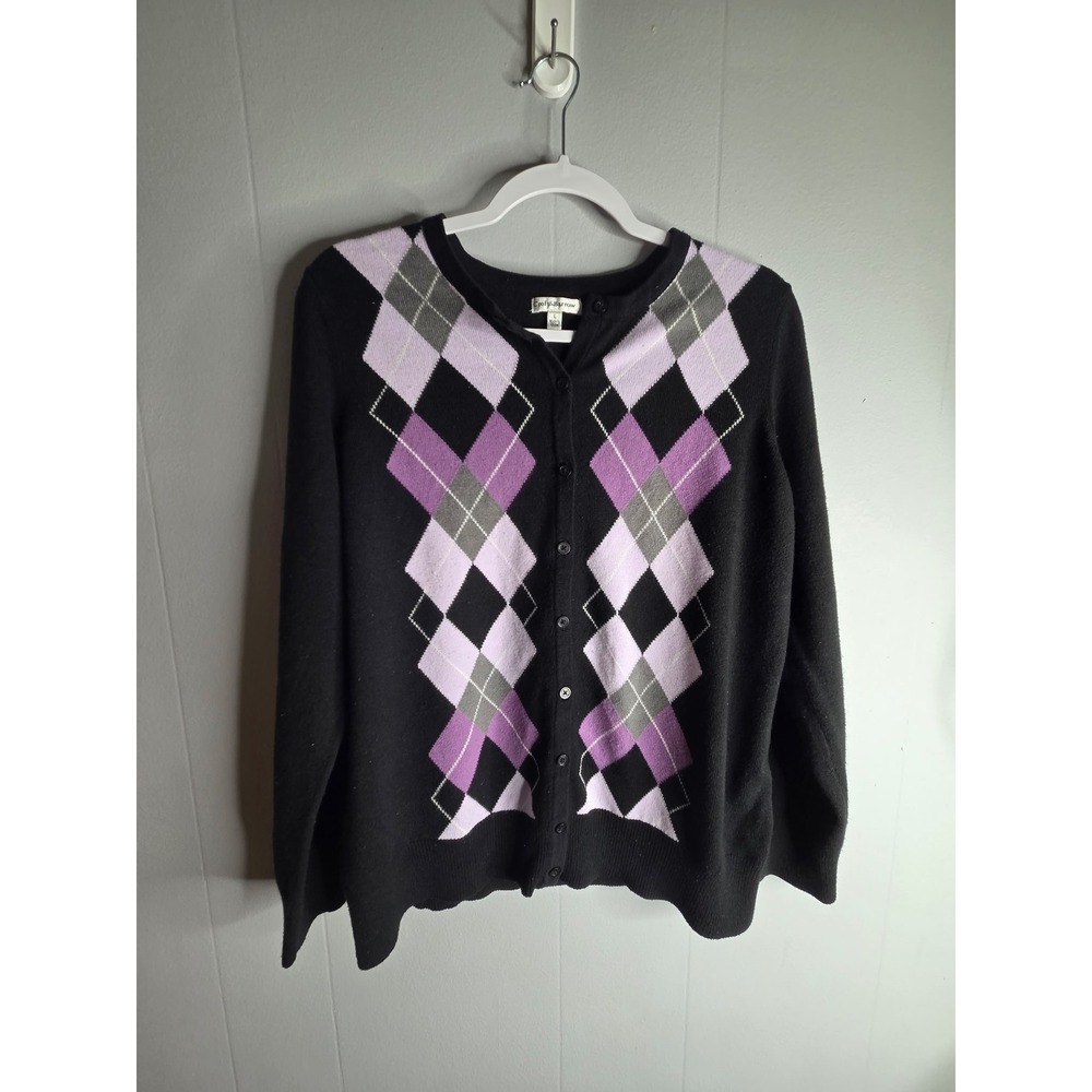 Croft & Barrow Womens Argyle Cardigan Sweater Black Purple Knit Size L L2063‎